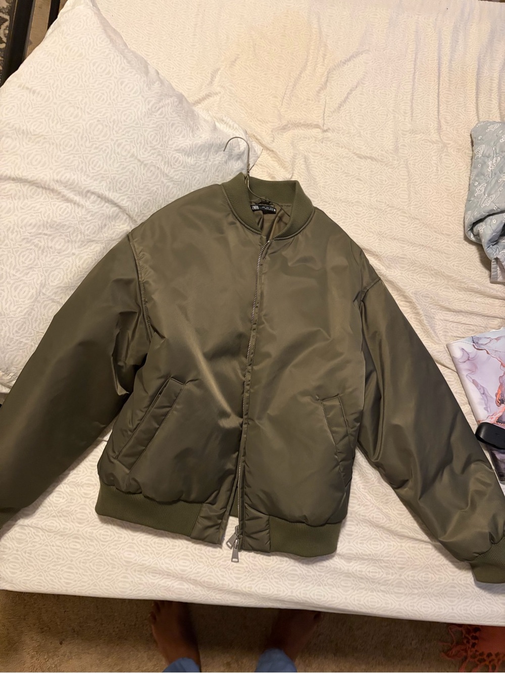 Zara Olive Bomber Jacket in Military Green